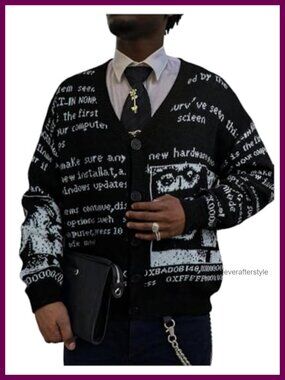 Men's Goth Cardigan Sweater V-Neck Long Sleeve Knit Button Up Y2k